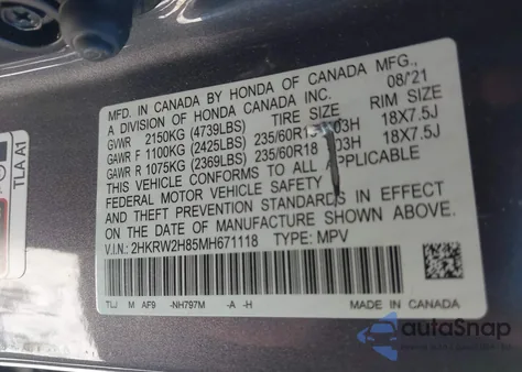 2021 Honda Cr-V Awd Ex-L z USA, uszkodzony, nr VIN 2HKRW2H85MH671118